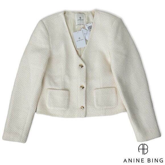 Anine Bing **NWT** Anitta V Neck Woven Jacket in Ivory / White / Cream - Picture 12 of 16
